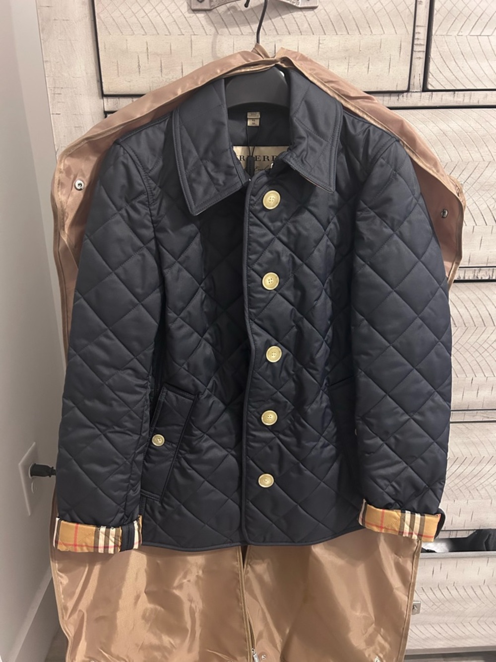 Burberry Quilted Navy Women’s Jacket with Check Cuff Detail